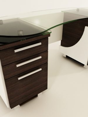 Bean desk with glass top on dual fixed pedestal