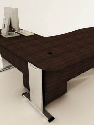 Curved top Jimcla desk on in-fill legs and mobile pedestal