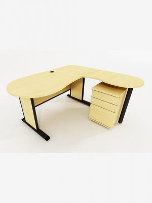 Manager's Desk Curved top Jimcla desk on in-fill legs and mobile pedestal