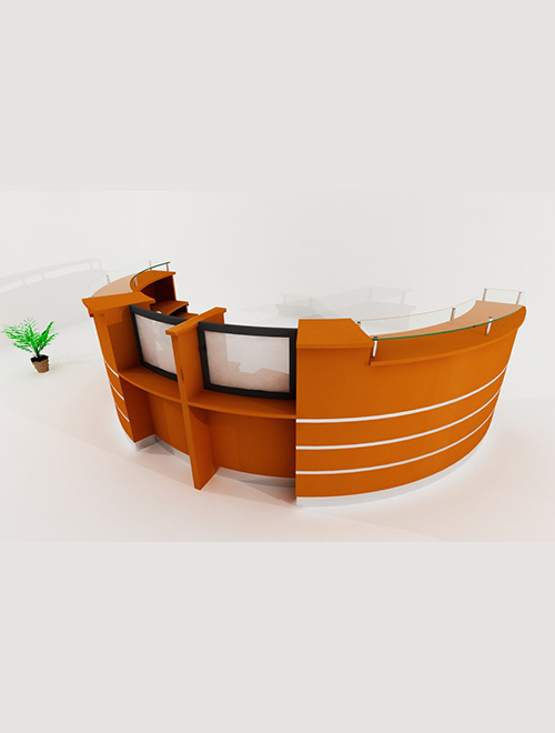 Four-seater curved reception desk with communication window in cherry finish