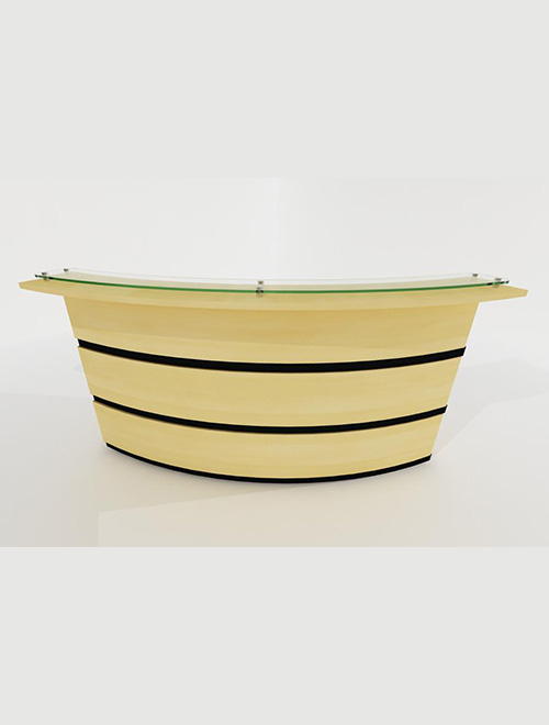 Curved reception desk with triple grooved stripes and glass top plus mobile pedestal