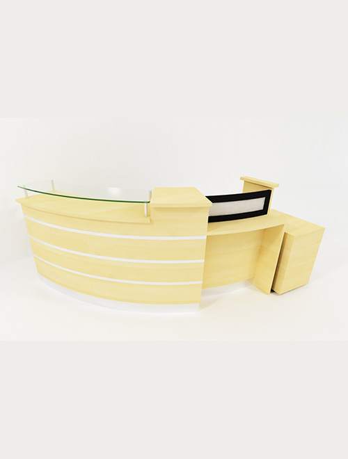 Two-seater curved reception desk with communication window in beech laminate finish